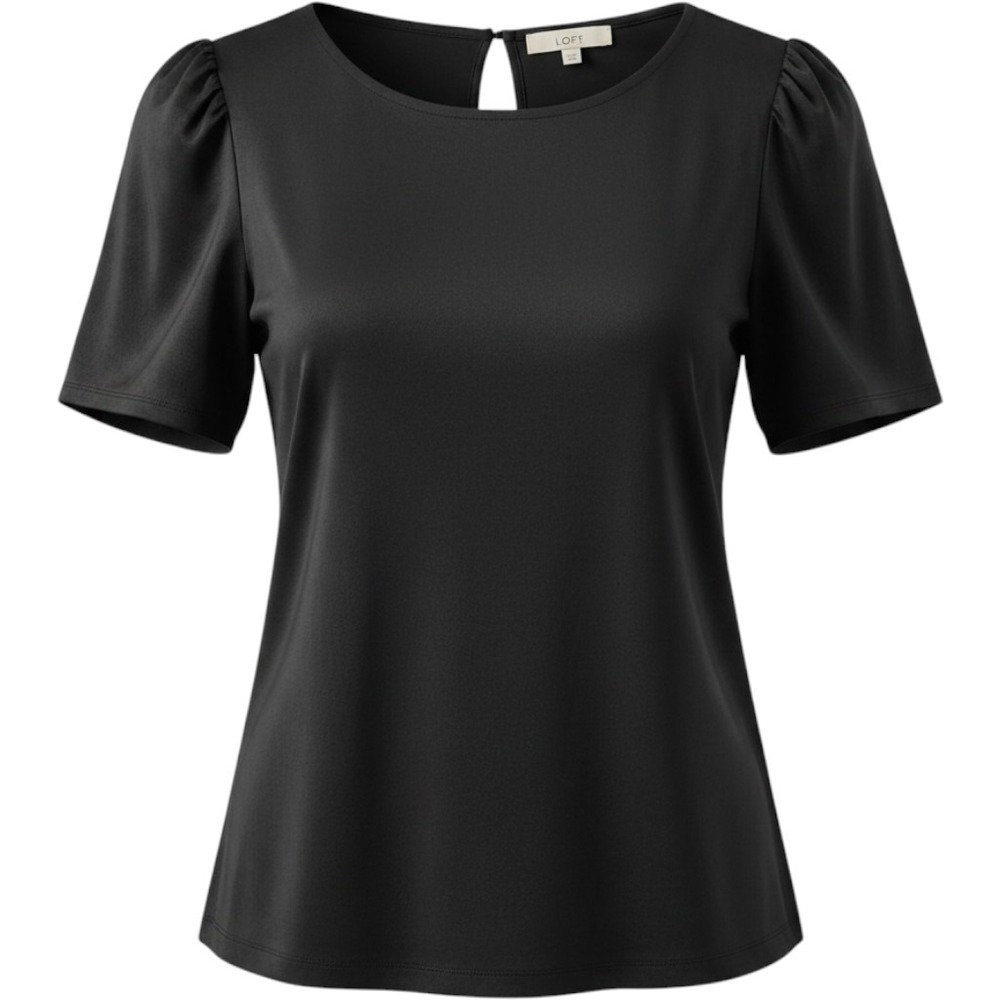 LOFT Velvet Puff Sleeve Top Women Sz L Black Short Sleeve Blouse Career Classic